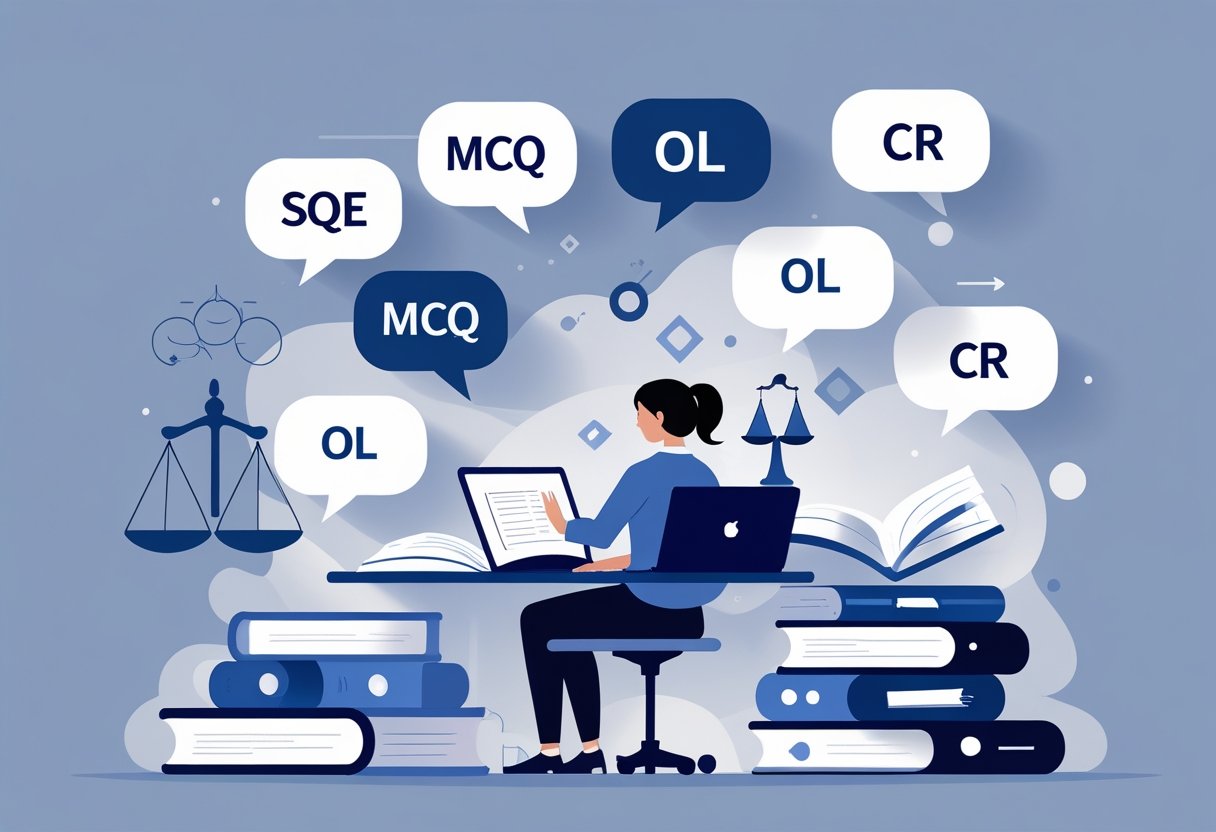 A person studying at a desk surrounded by abstract symbols representing legal exam acronyms, with subtle law-related objects in the background.