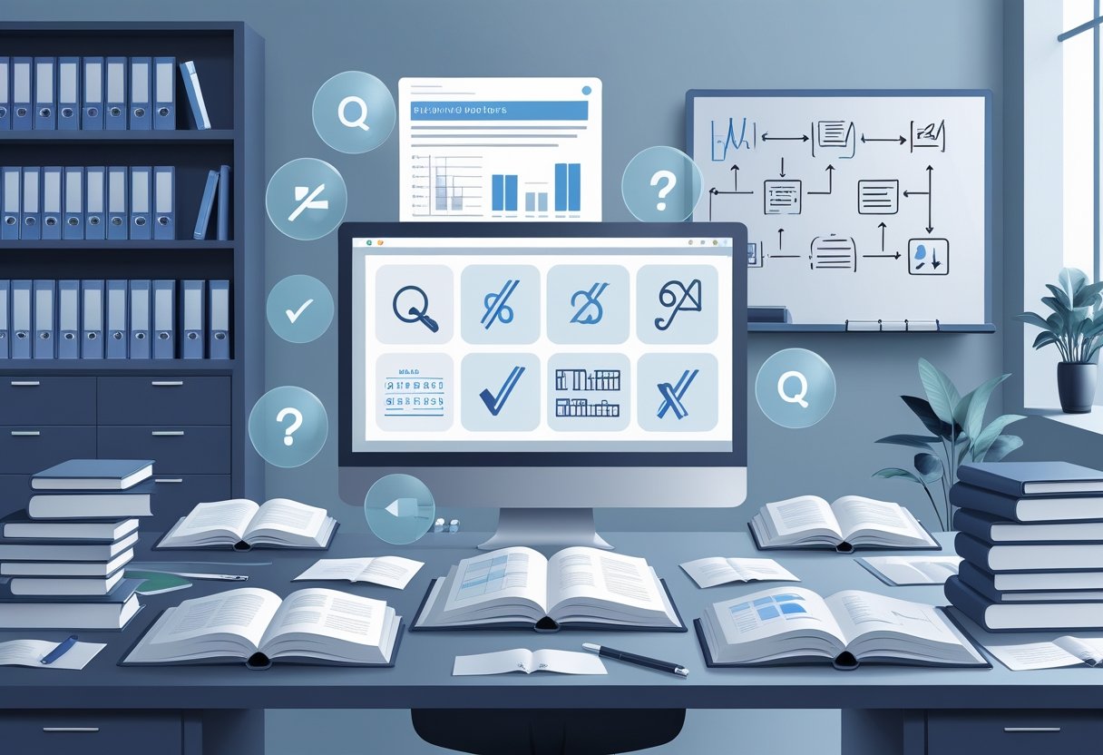 A workspace with books, documents, and a laptop surrounded by floating abstract icons, with a bookshelf and whiteboard in the background.