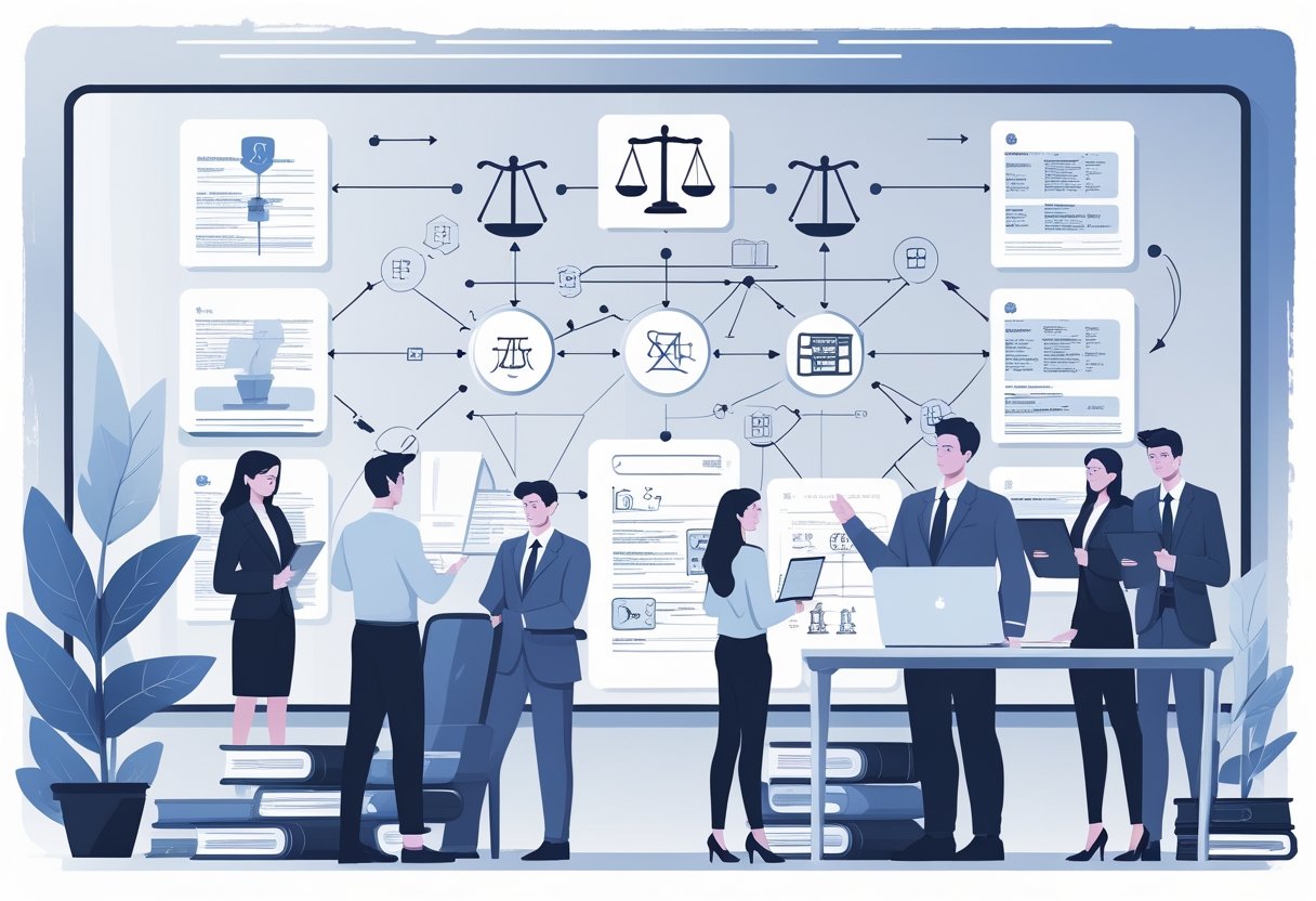 A group of legal professionals studying and discussing exam materials in a modern law office with legal symbols and diagrams in the background.