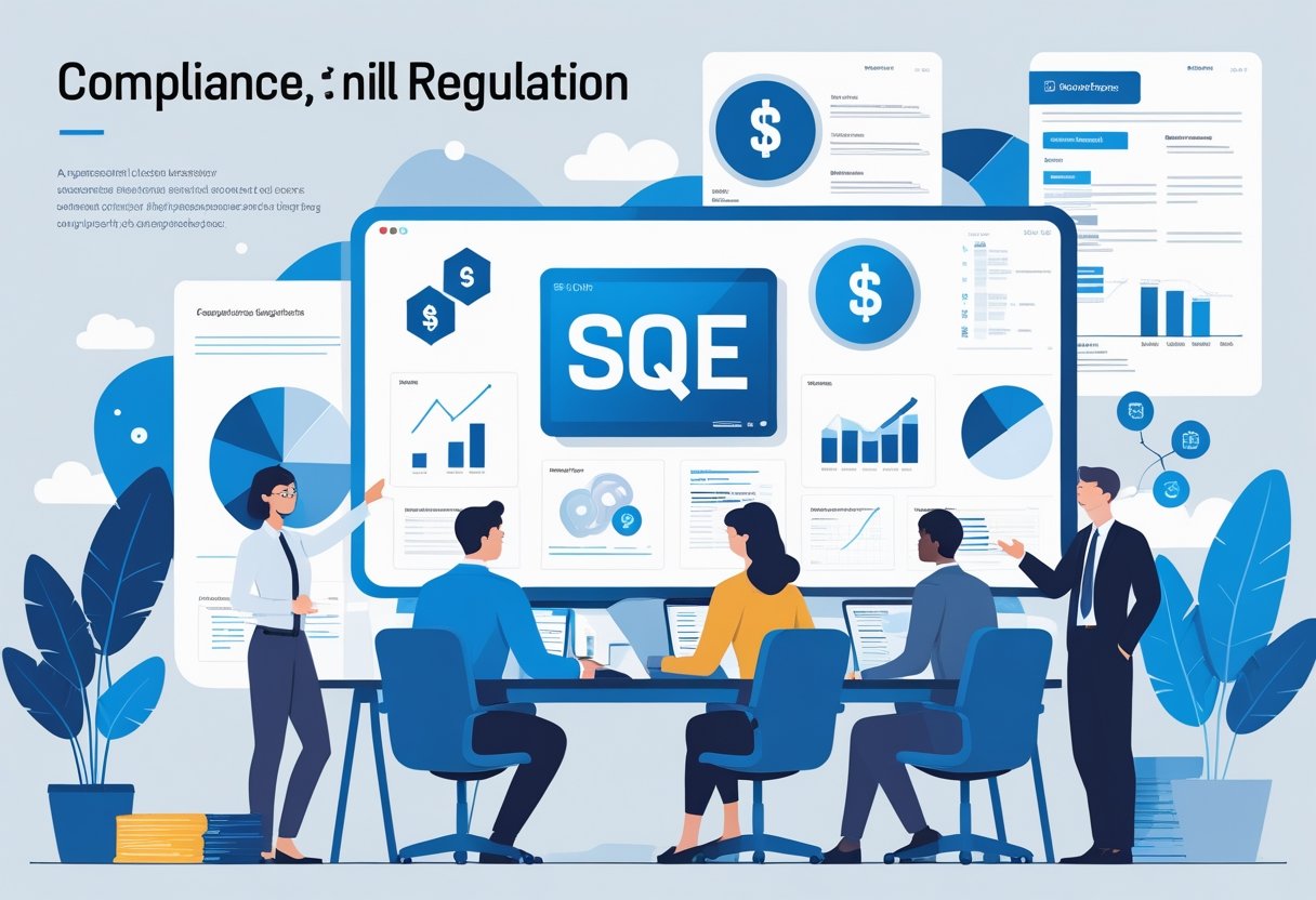 A group of professionals discussing financial and legal concepts around a digital screen with charts and symbols in a modern office.