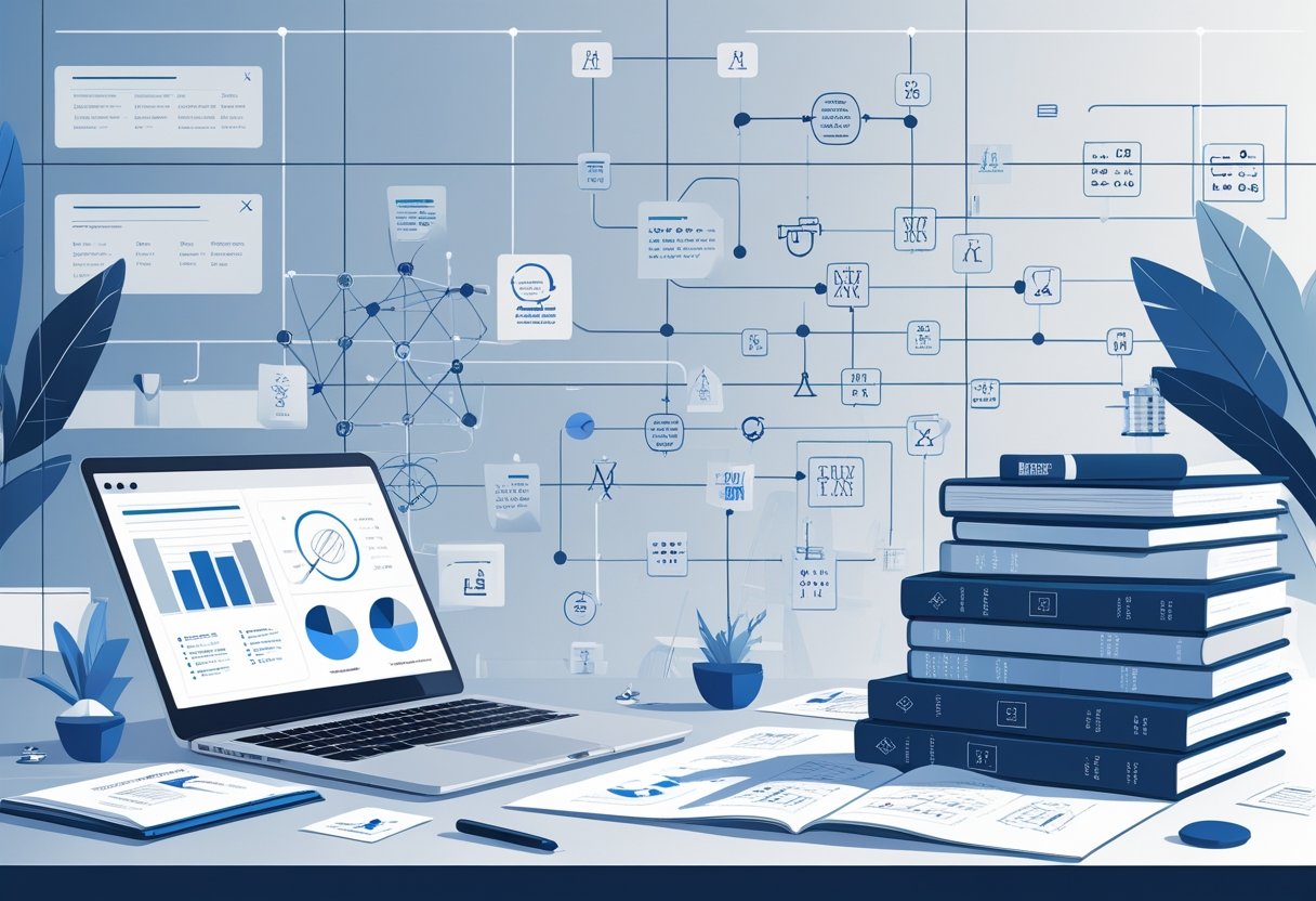 A person studying at a desk with a laptop, books, notes, and a whiteboard filled with diagrams related to legal exam preparation.