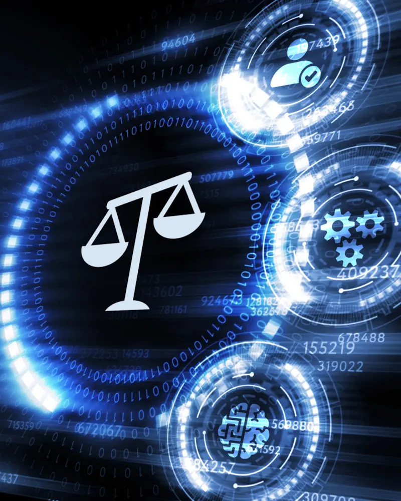 Digital illustration of a justice scale symbol surrounded by holographic icons and binary code, representing technology and law.